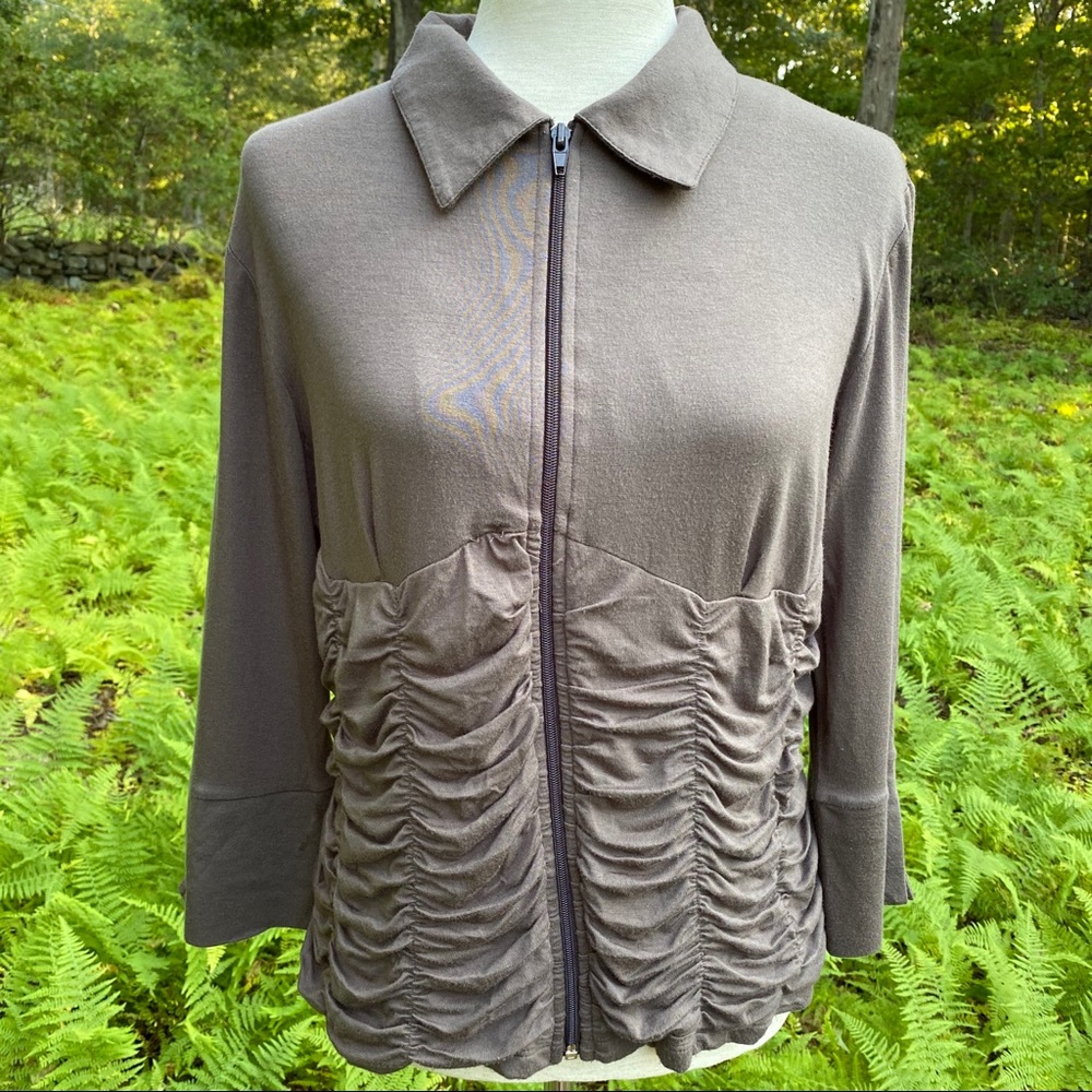 COMFY USA JACKET ZIP FRONT BROWN TAUPE SHIRRED STRETCH COAT SIZE S SMALL
